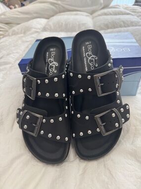 Bos. & Co. Black Studded Double-Buckle Slide Sandals
